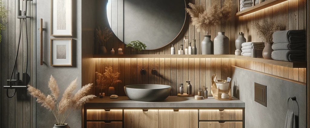 An image of a rustic-modern bathroom interior design with a sleek wooden aesthetic. The color palette reflects grays and wood, showcasing contrasting textures like matte walls and glossy cabinets. Includes accent lighting under the mirror, shelves, and cabinet edges for a warm glow. The bathroom features include a round countertop basin, a glass-enclosed shower area, a wall-mounted toilet, and built-in shelves stocked with towels and toiletries. Decorative elements like dried plants in vases, small potted plants, and woven baskets add a natural touch. The light from a frosted glass window creates a bright spot in the space.