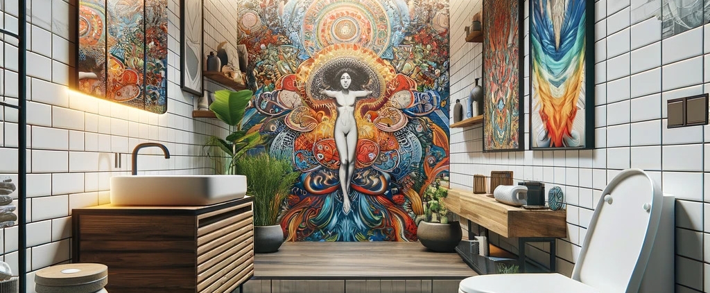 image of an artistic bathroom featuring a mural wall as a central focal point, with vibrant colors and an artistic design. Includes designer tiles with bold patterns on the floor and other walls, and custom lighting fixtures that complement the artistic theme. The overall atmosphere is visually striking and creative, highlighting how artistic elements can transform a bathroom into a statement space.