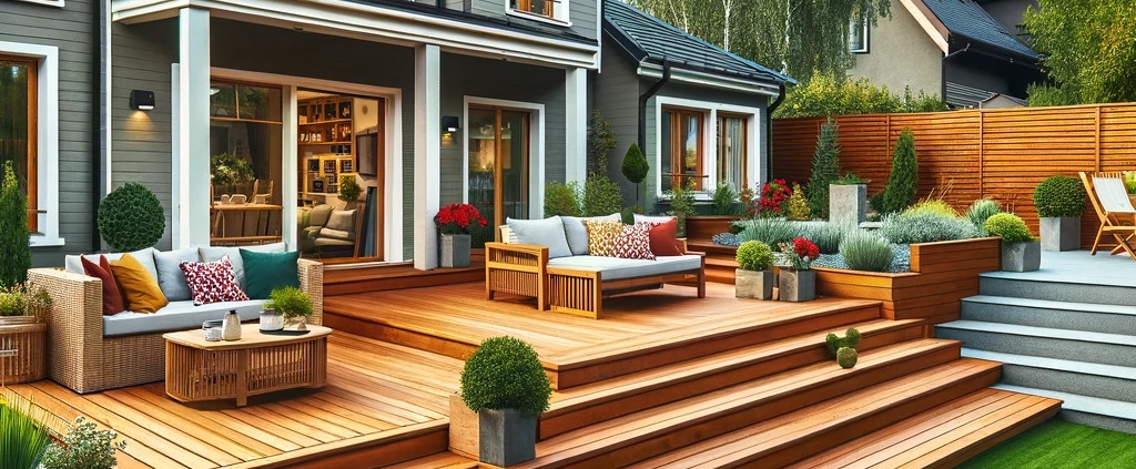 a backyard wooden deck area adjoining a house. The deck is constructed of natural wood planks with a rich, warm tone and has several levels with steps between them. To the right, there is a well-maintained lawn area with artificial grass, and a paved walkway on the left leading to the back of the house. The house exterior is gray with white trim around the windows. There's an outdoor seating area on the deck with a comfortable sofa adorned with red and yellow pillows and a small coffee table. In the background, there's a garden with various shrubs and a tall privacy fence.