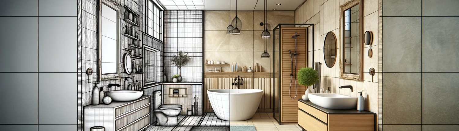 a line drawing and a photorealistic style depicting a bathroom design transition. On the left side, the bathroom is shown in a black and white wireframe line drawing, detailing the architecture with precision but without color, resembling an architect's blueprint, including elements not present on the right side, such as a unique sink and window frame. The right side transitions into a full-color, fully-rendered image of a different section of the same bathroom, with beige tiles, a freestanding bathtub, different lighting fixtures, and no mirror or vanity. The floor is tiled with large, glossy white tiles, and the overall atmosphere is one of modern elegance and cleanliness, distinctly separating the two sides by their content.