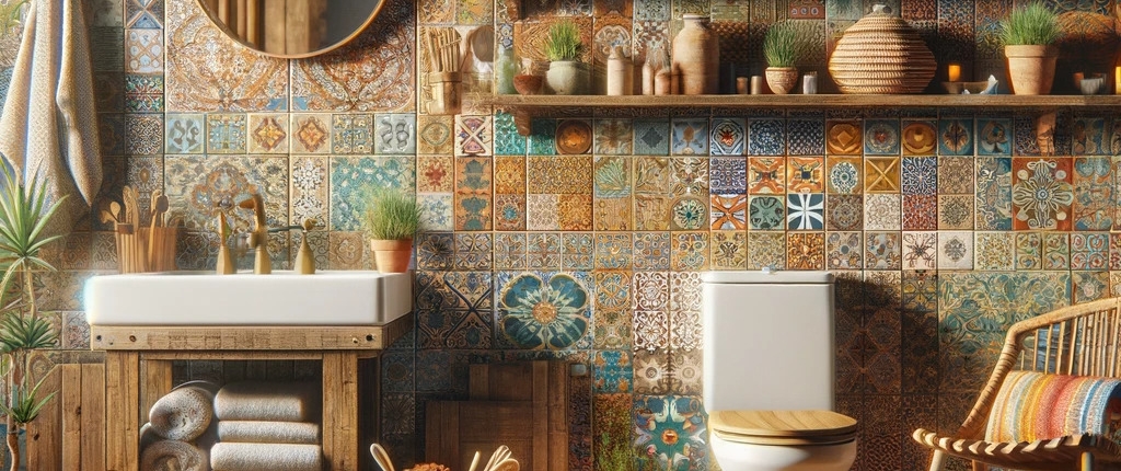 a cozy bathroom interior showcasing a bohemian style. The walls are adorned with a mosaic of vibrant, patterned tiles featuring a mix of earthy tones and bright blues, oranges, and yellows. There are wooden shelves filled with a variety of plants in terracotta pots, woven baskets, and assorted bathroom accessories like towels and candles. The floor is a rustic wooden planking. The bathroom features a white porcelain toilet, a round mirror with a wooden frame, and a wooden chair with a woven seat. There's also a colorful, textured rug on the floor, and the room is bathed in warm, natural light from a window. The overall atmosphere is warm, inviting, and rich with textures and patterns.