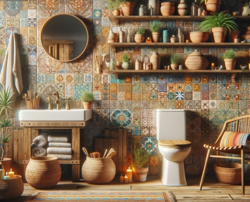 a cozy bathroom interior showcasing a bohemian style. The walls are adorned with a mosaic of vibrant, patterned tiles featuring a mix of earthy tones and bright blues, oranges, and yellows. There are wooden shelves filled with a variety of plants in terracotta pots, woven baskets, and assorted bathroom accessories like towels and candles. The floor is a rustic wooden planking. The bathroom features a white porcelain toilet, a round mirror with a wooden frame, and a wooden chair with a woven seat. There's also a colorful, textured rug on the floor, and the room is bathed in warm, natural light from a window. The overall atmosphere is warm, inviting, and rich with textures and patterns.