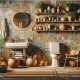 a cozy bathroom interior showcasing a bohemian style. The walls are adorned with a mosaic of vibrant, patterned tiles featuring a mix of earthy tones and bright blues, oranges, and yellows. There are wooden shelves filled with a variety of plants in terracotta pots, woven baskets, and assorted bathroom accessories like towels and candles. The floor is a rustic wooden planking. The bathroom features a white porcelain toilet, a round mirror with a wooden frame, and a wooden chair with a woven seat. There's also a colorful, textured rug on the floor, and the room is bathed in warm, natural light from a window. The overall atmosphere is warm, inviting, and rich with textures and patterns.