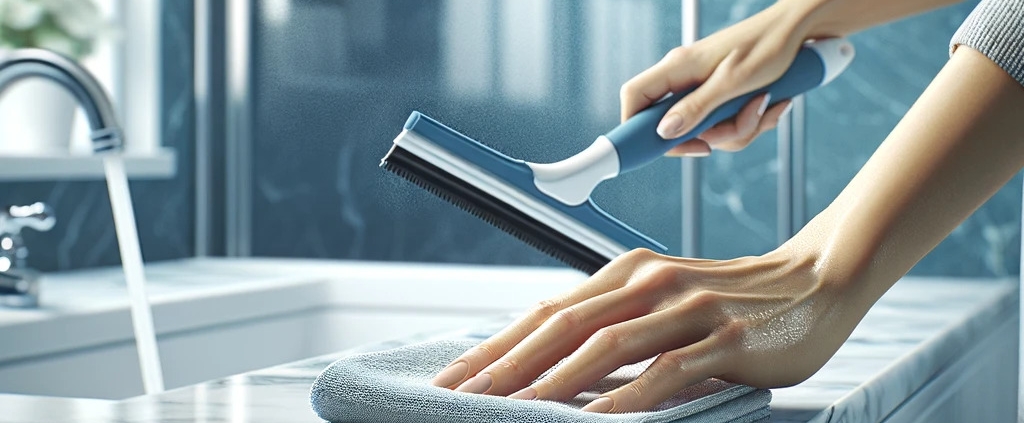 image of a well-kept bathroom with a focus on a woman's hand wiping down surfaces, emphasizing the prevention of water spots and soap scum. The background shows a squeegee on the shower walls, highlighting the importance of daily maintenance. The image captures the essence of regular upkeep in a bathroom, showcasing cleanliness and attention to detail.