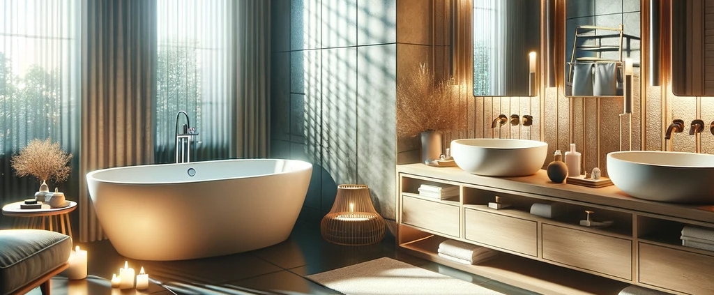 a luxurious bathroom interior with contemporary design elements. The room is spacious and features a large freestanding bathtub in the center on a dark tiled floor. The vanity area has a light wood finish with two vessel sinks and modern faucets. Behind the bathtub, a large window with vertical blinds lets in natural light, which is complemented by soft ambient lighting around the vanity and mirror. To the side, a cozy seating area with a plush armchair and a side table creates a relaxing atmosphere. The walls are adorned with artistic textured tiles, and the scene is completed with decorative candles, adding a spa-like feel to the space.