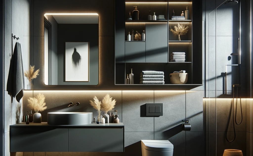 image of a modern bathroom interior design with a sleek aesthetic. The color palette consists of dark grays and black, with contrasting textures like matte walls and glossy cabinets. Accent lighting under the mirror, shelves, and cabinet edges provides a warm glow. The bathroom features a rectangular countertop basin, a glass-enclosed shower area, a wall-mounted toilet, and built-in shelves stocked with towels and toiletries. Various decorative elements such as dried plants in vases, small potted plants, and woven baskets add a natural touch to the space. The light from a frosted glass window creates a bright spot, contrasting with the otherwise dimly lit environment.