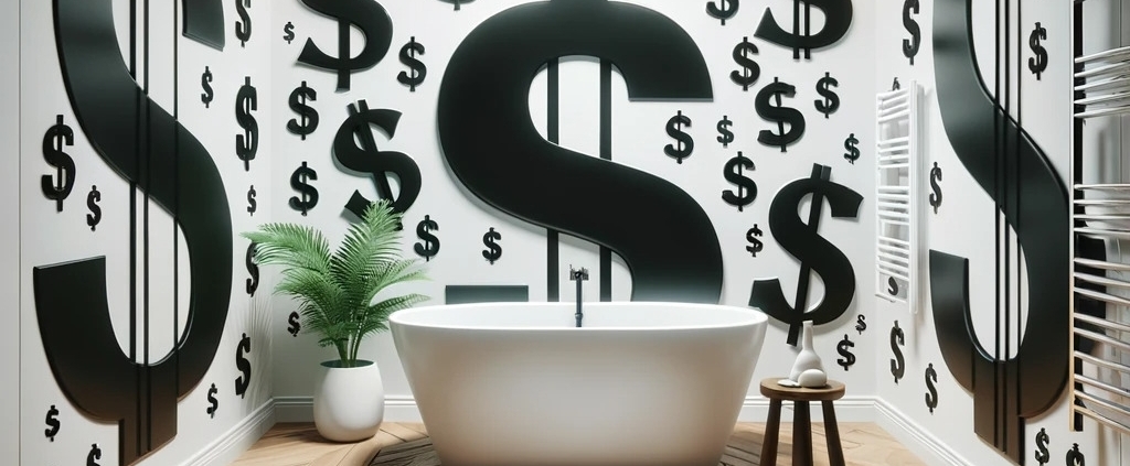 a modern bathroom interior with white walls decorated with various large black dollar signs and numerical dollar values in different fonts. The floor is made of glossy wooden planks arranged in a herringbone pattern. There is a sleek white bathtub with a minimalist design, a small wooden stool next to it, and a potted green plant in a white vase. The ceiling has recessed lighting casting a soft glow, and there's a modern radiator or towel warmer on one wall. The ambiance is clean, with a subtle hint of luxury and a quirky artistic touch through the dollar sign decorations.