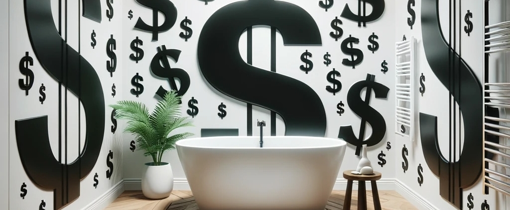 a modern bathroom interior with white walls decorated with various large black dollar signs and numerical dollar values in different fonts. The floor is made of glossy wooden planks arranged in a herringbone pattern. There is a sleek white bathtub with a minimalist design, a small wooden stool next to it, and a potted green plant in a white vase. The ceiling has recessed lighting casting a soft glow, and there's a modern radiator or towel warmer on one wall. The ambiance is clean, with a subtle hint of luxury and a quirky artistic touch through the dollar sign decorations.