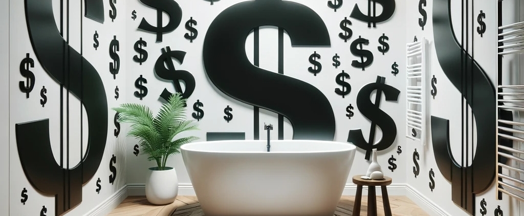 a modern bathroom interior with white walls decorated with various large black dollar signs and numerical dollar values in different fonts. The floor is made of glossy wooden planks arranged in a herringbone pattern. There is a sleek white bathtub with a minimalist design, a small wooden stool next to it, and a potted green plant in a white vase. The ceiling has recessed lighting casting a soft glow, and there's a modern radiator or towel warmer on one wall. The ambiance is clean, with a subtle hint of luxury and a quirky artistic touch through the dollar sign decorations. Maybe depicting the cost of renovating a bathroom.