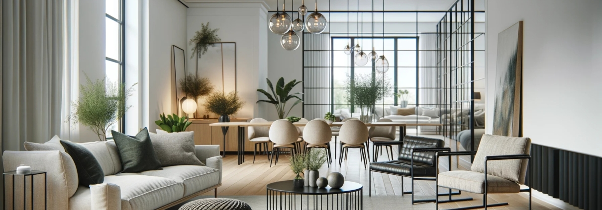 a modern interior design featuring a living room and dining area. The living room includes a beige sofa with gray pillows, two black textured armchairs, a black spindle-like coffee table, and a brown leather bench. There is a light hardwood floor throughout, and white walls. The dining area, visible in the background through large glass windows, has a wooden table with white chairs and a modern chandelier above it. Several green potted plants add a touch of nature, contrasting with the neutral tones of the furniture. The space is well-lit with natural light.