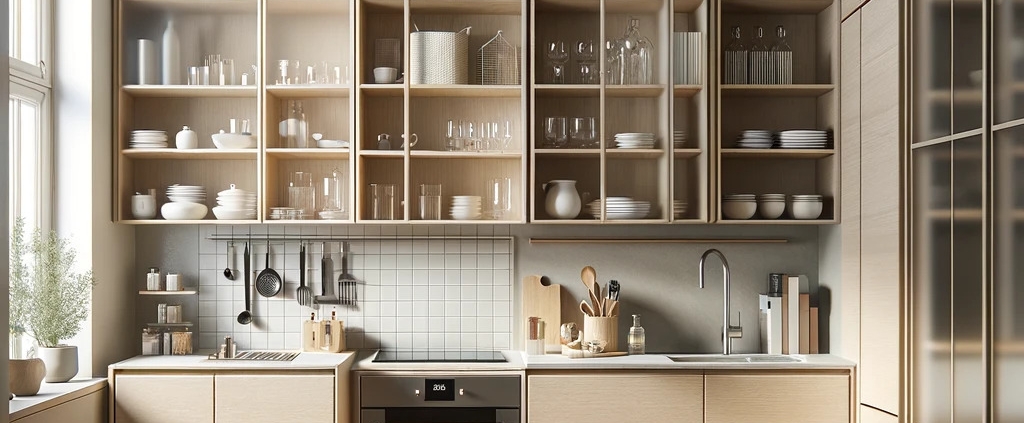 image of a small, modern kitchen renovation with an emphasis on minimalist storage. The kitchen includes taller upper cabinets and open shelving, designed with a modern aesthetic. These storage areas feature a minimal number of items, ensuring a decluttered and sleek appearance. Glass-front cabinets or open shelving are sparsely populated with essential, modern items, enhancing the contemporary, airy feel. The overall design is characterized by clean lines, a neutral color palette with occasional bold accents, and state-of-the-art appliances, embodying a stylish and functional modern kitchen space.