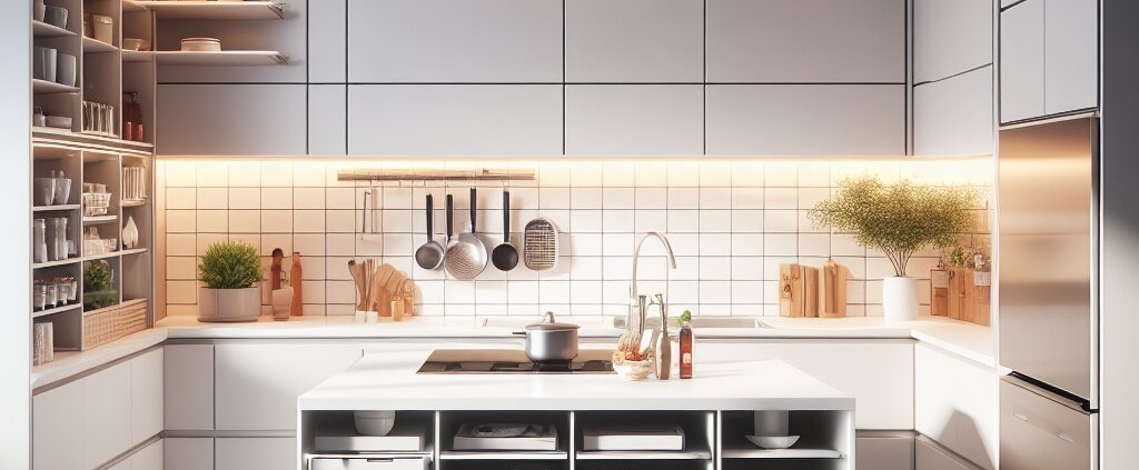 modern small kitchen renovation image that embodies efficiency and contemporary design. The kitchen should feature sleek, high-gloss cabinets that reach the ceiling.