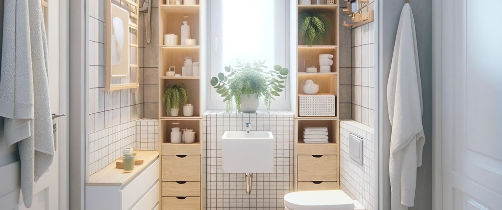 image of a small bathroom renovation with Scandinavian, IKEA-style design. The space should be compact yet stylish, featuring light colors, wooden accents, and smart use of space. The design includes modern fixtures and efficient storage solutions, creating a cozy, functional, and aesthetically pleasing environment.
