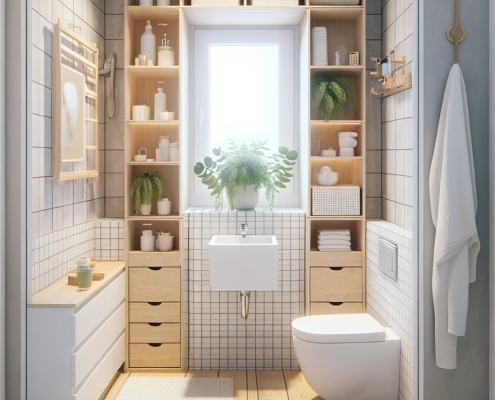 image of a small bathroom renovation with Scandinavian, IKEA-style design. The space should be compact yet stylish, featuring light colors, wooden accents, and smart use of space. The design includes modern fixtures and efficient storage solutions, creating a cozy, functional, and aesthetically pleasing environment.