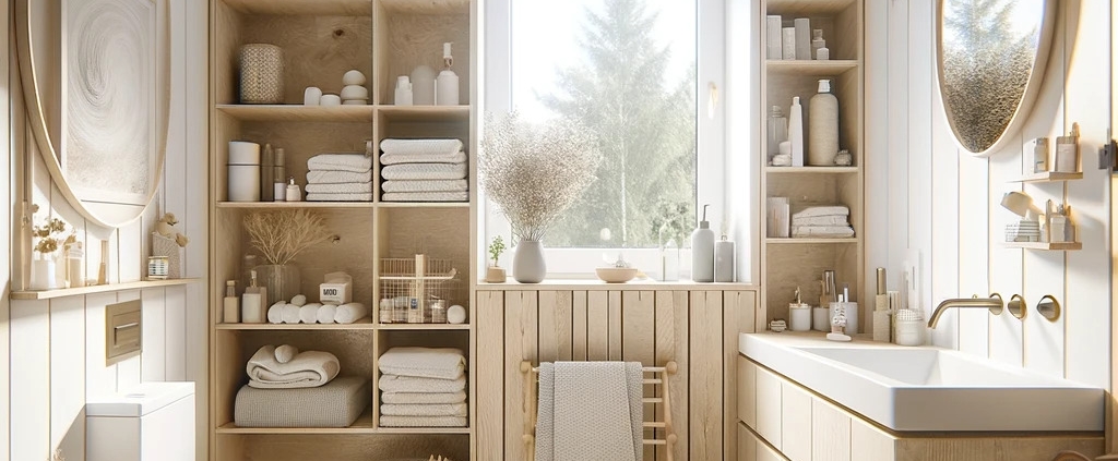 image of a small bathroom renovation, with a focus on space efficiency and smart storage solutions. The design reflects Scandinavian, IKEA-style elements, featuring light wood finishes, simple lines, and a bright, airy atmosphere. The space appears cozy and functional, with an emphasis on practicality and style.