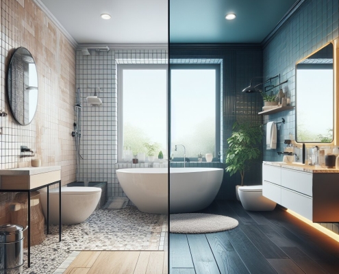 split-screen image for a bathroom renovation article. The left side displays a current, outdated bathroom, featuring older fixtures and a lackluster color scheme. The right side transitions to a modern, upgraded bathroom with sleek, contemporary design elements, modern fixtures, and a vibrant color palette. This image realistically contrast the before and after of a bathroom renovation, highlighting the energetic transformation achievable through renovation.