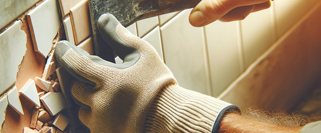 close-up image focusing on a worker's hand during the 'Demolition and Removal' phase of a bathroom renovation. The image captures the moment of a tile being carefully removed from the wall or floor. Shows details like protective gloves, and pieces of tile or drywall being pried away. The background is blurred, emphasizing the action and the precision required in the demolition process.