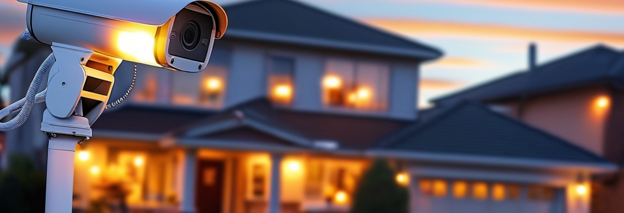 A well-lit suburban home at dusk showcasing various home security features AT CLOSE-UP. Visible security cameras are mounted near the front door and along the roofline. Motion-sensor lights illuminate the front yard and driveway.