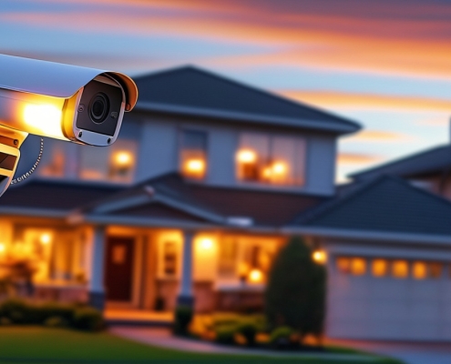 A well-lit suburban home at dusk showcasing various home security features AT CLOSE-UP. Visible security cameras are mounted near the front door and along the roofline. Motion-sensor lights illuminate the front yard and driveway.