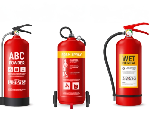 An infographic displaying five different types of fire extinguishers: Carbon Dioxide, ABC Powder, Foam Spray, Wet Chemical, and Water Spray. Each extinguisher is labeled with its type and shows a distinct design and color coding. The title reads 'EXTINGUISHER TYPE CYLINDER CONTAINS,' indicating the contents and uses of each extinguisher type. The image serves as a visual guide for identifying the appropriate extinguisher for various fire situations.