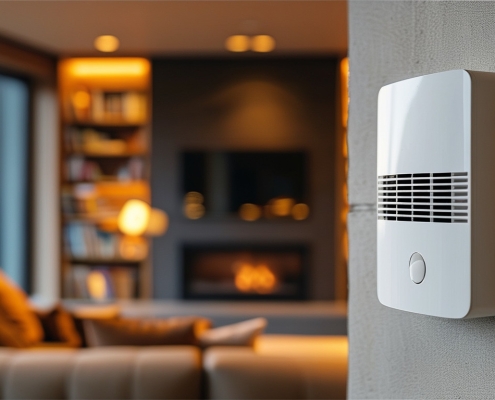 a close-up on a white carbon monoxide detector mounted high on the wall near the ceiling. in the blurry background, a cozy, modern family living room at dusk. The room is warm and inviting, featuring a comfortable sofa, a small bookshelf, and a fireplace in the background. Natural light filters in through a nearby window, creating a peaceful ambiance.