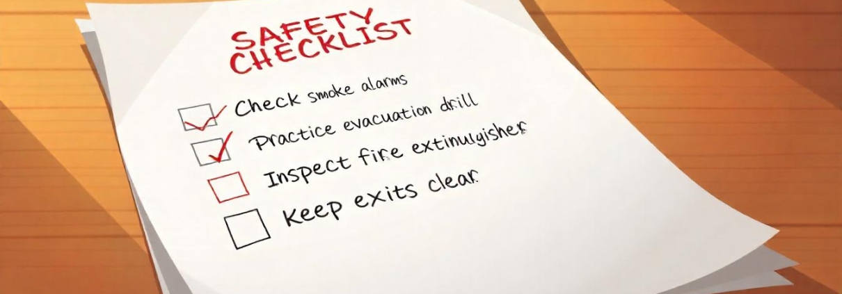 An illustration of a piece of paper titled 'Safety Checklist' placed on a wooden table. The checklist includes four items: 'Check smoke alarms,' 'Practice evacuation drill,' 'Inspect fire extinguisher,' and 'Keep exits clear.' The first two items are marked with red checkmarks, while the last two are left unchecked. The paper has a slightly tilted, casual appearance, with shadows cast on the table to give a sense of depth.