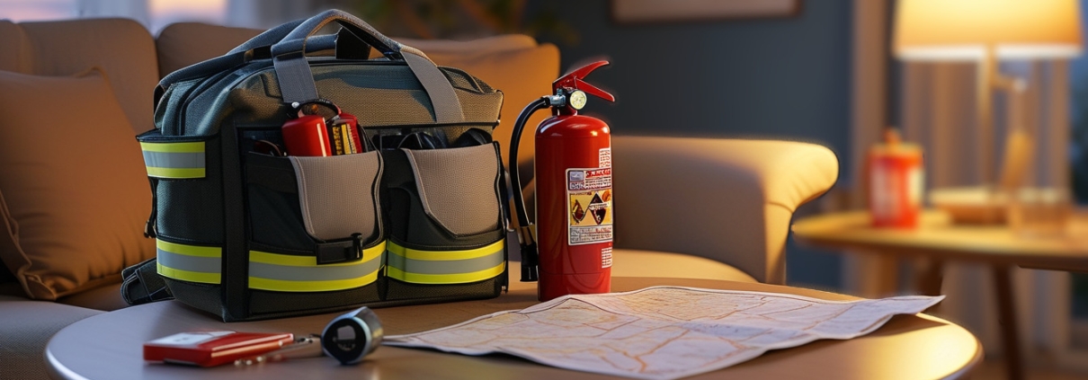A cozy family home interior at dusk with a subtle emphasis on emergency preparedness. The scene features a well-organized living room with a visible emergency kit on a side table, a fire extinguisher close-up mounted near the kitchen, and a smoke detector on the ceiling. On a table, a map and checklist, with soft lighting creating a sense of security and readiness.