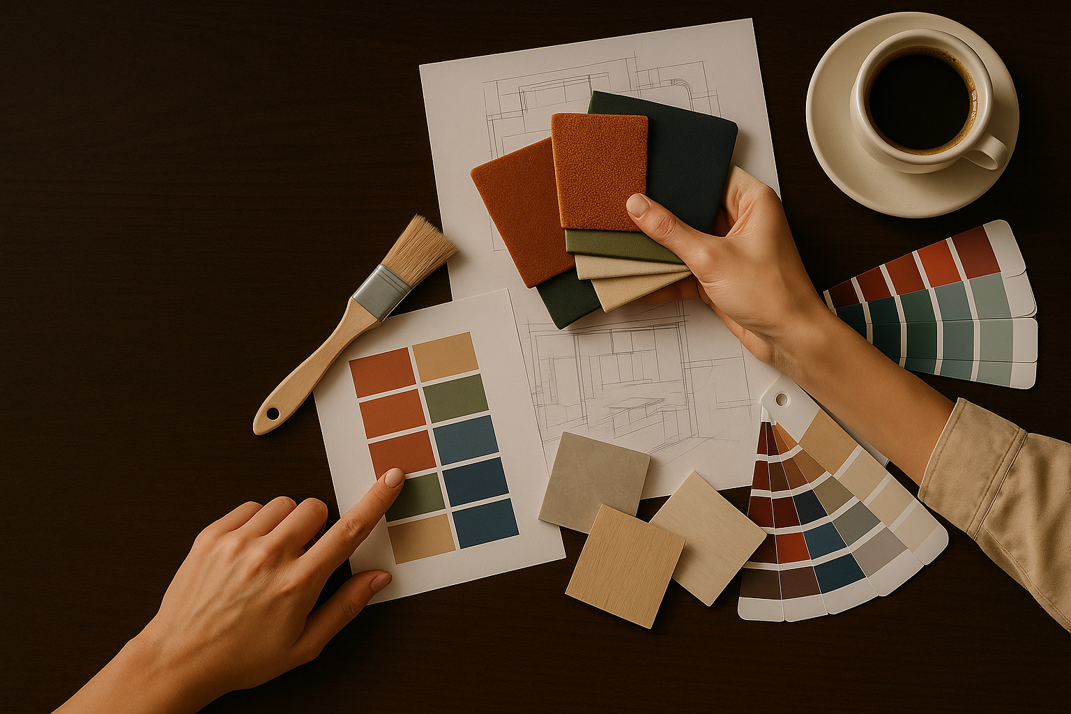 Top-down view of an interior design consultation table. The left half features a dark wood surface with soft lighting, left clear for text overlay. On the right, a designer’s hands arrange fabric swatches in terracotta, sage, and navy, while a client points to a color palette. Architectural blueprints, a paintbrush, tile samples, and a ceramic coffee cup complete the scene.